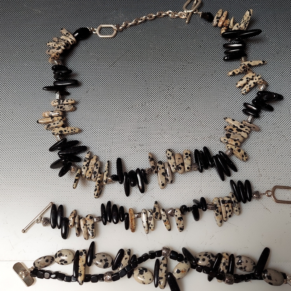 Dalmation power jasper necklace and two bracelets  your choice
